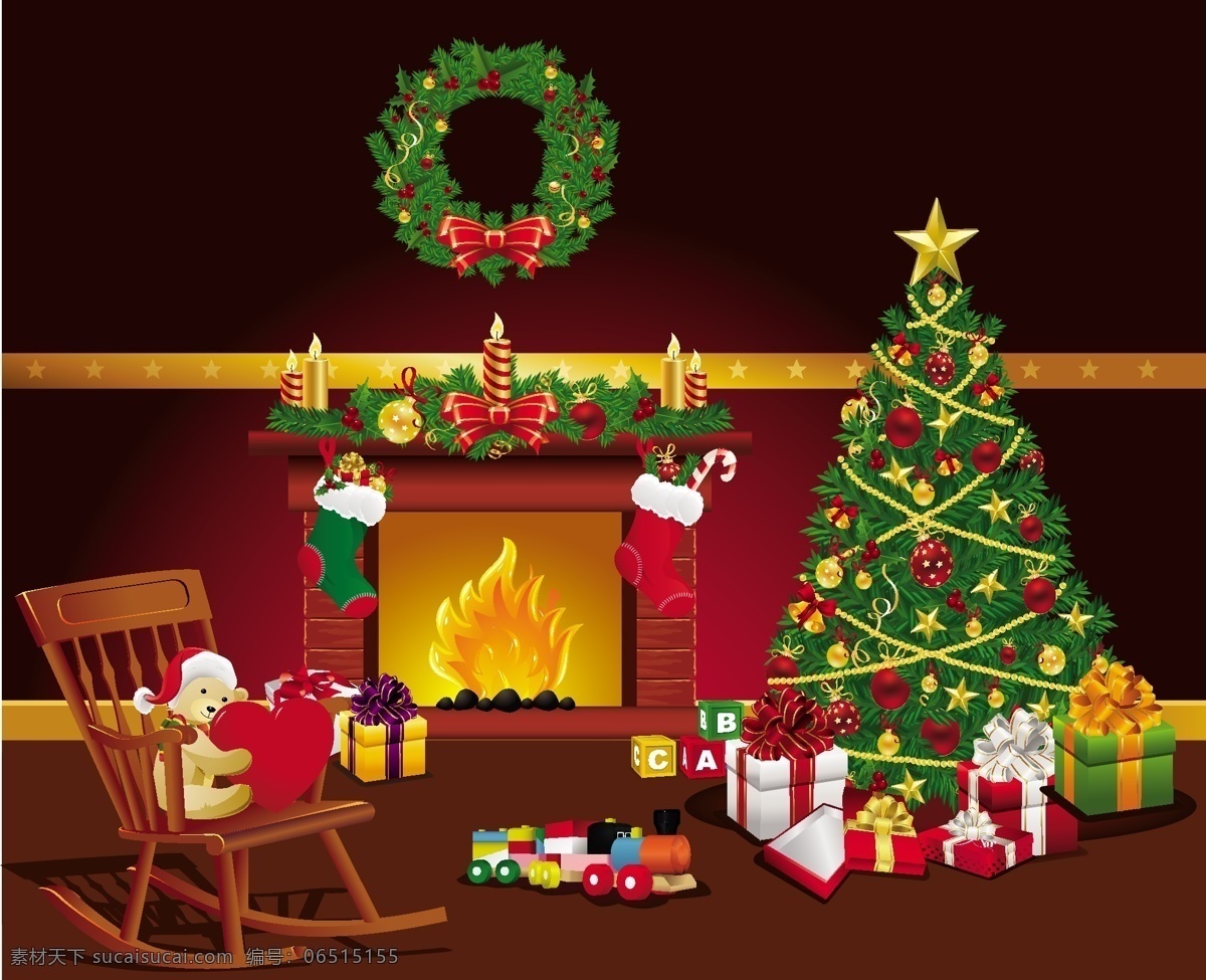 圣诞 壁炉 花环 矢量 火焰 蜡烛 礼盒 礼品 铃铛 欧式 花纹 圣诞花环 圣诞树 袜子 圣诞壁炉 节日素材 其他节日