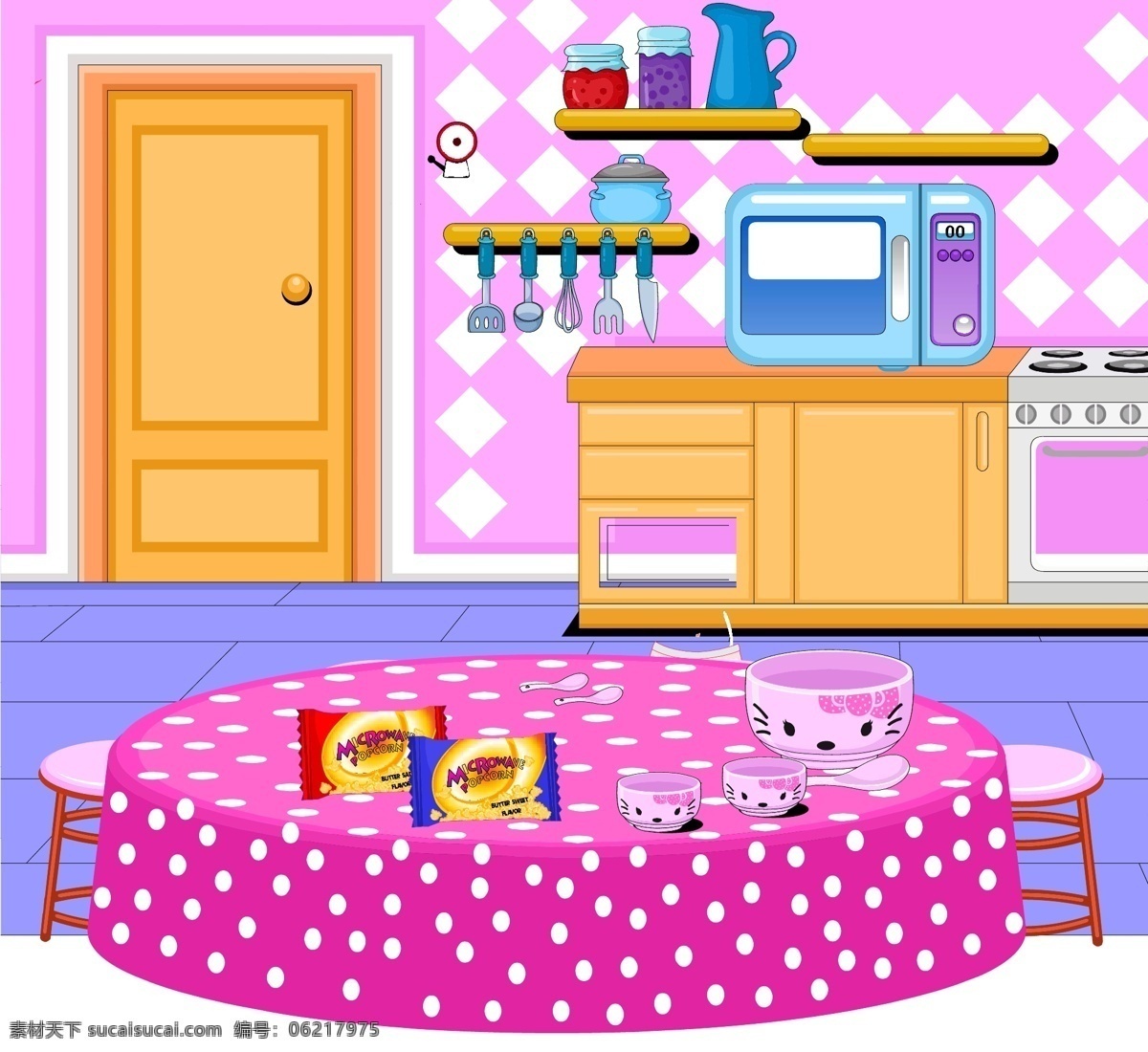 厨房插画 桌子 厨房 门 碗 杯子 卡通房间 公主房间 椅子 电磁炉 kt猫 框子 粉红色