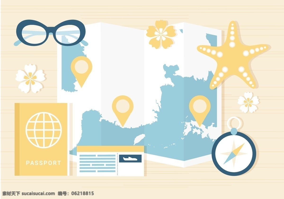 夏天 旅游 图标 矢量 眼镜 地图 海星 指南针 旅游攻略 签证 度假 矢量素材