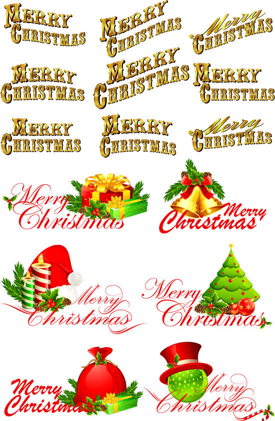 圣诞快乐 英文 字体 矢量 彩球 蜡烛 礼物 铃铛 圣诞帽 圣诞树 矢量图 英文字体 节日素材 圣诞节