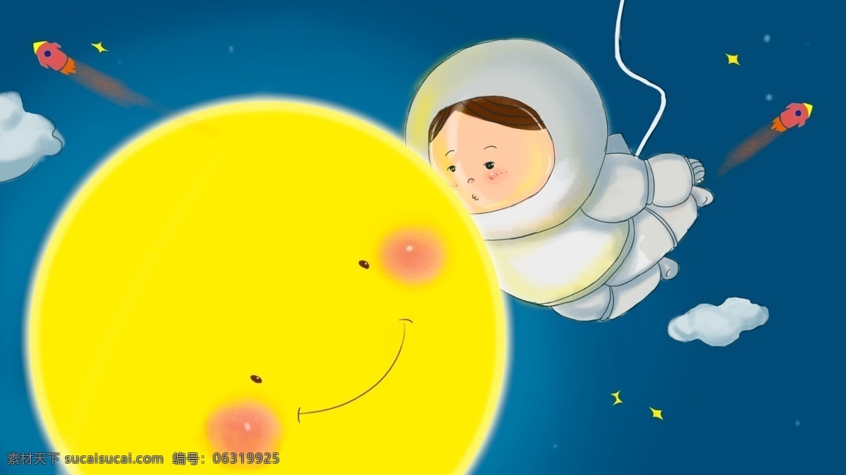 穿 宇航服 亲吻 月亮 小 男孩 白云 蓝天 宇宙 星空 月球 宇航员 登月 小清新背景 火箭