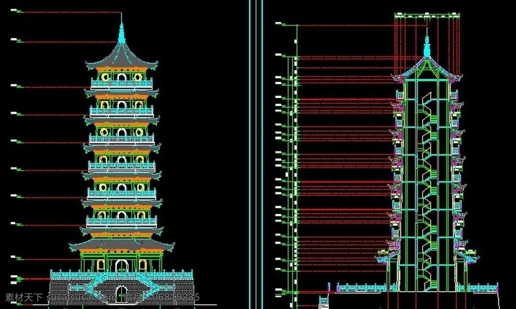 七层塔施工图 七层塔 施工图 塔 塔立面 古建 施工图纸 cad设计图 源文件 dwg