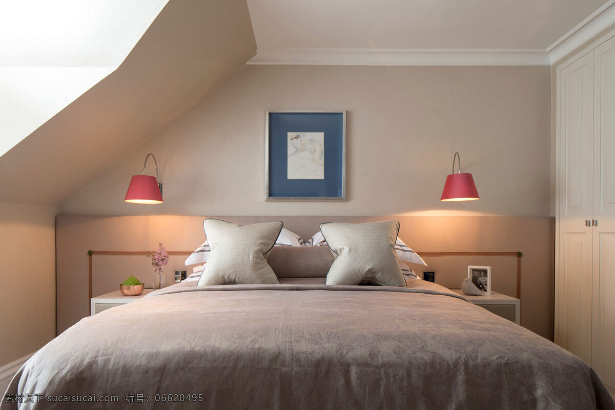 简约 时尚 卧室 壁画 装修 效果图 床铺 床头柜 灰色墙壁 台灯