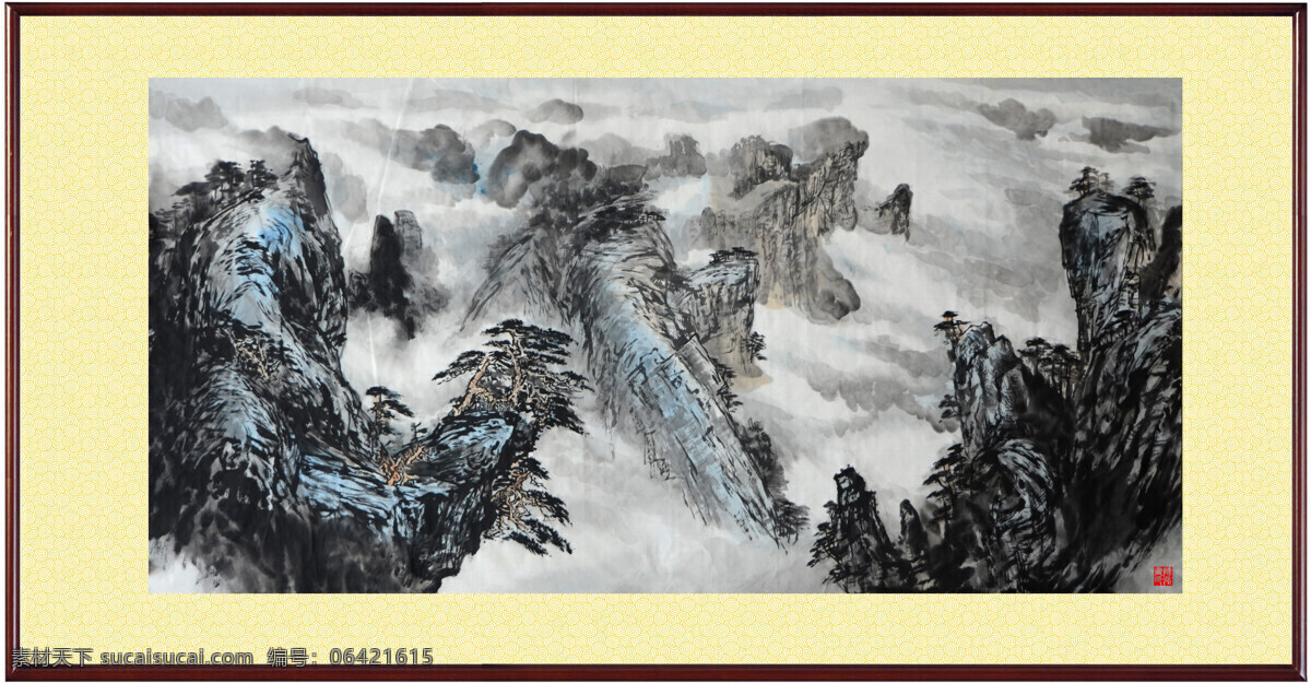 风景画 国画山水 绘画书法 美术作品 群山 山 山峰 山水画 高峰云图 中国画 石 云雾 纸本设色 迷雾 白雾 石山 远树 杂树 树木 松树 云瀑 远山 石头 石块 印章 陈强 国画作品 文化艺术 家居装饰素材 雕刻 图案