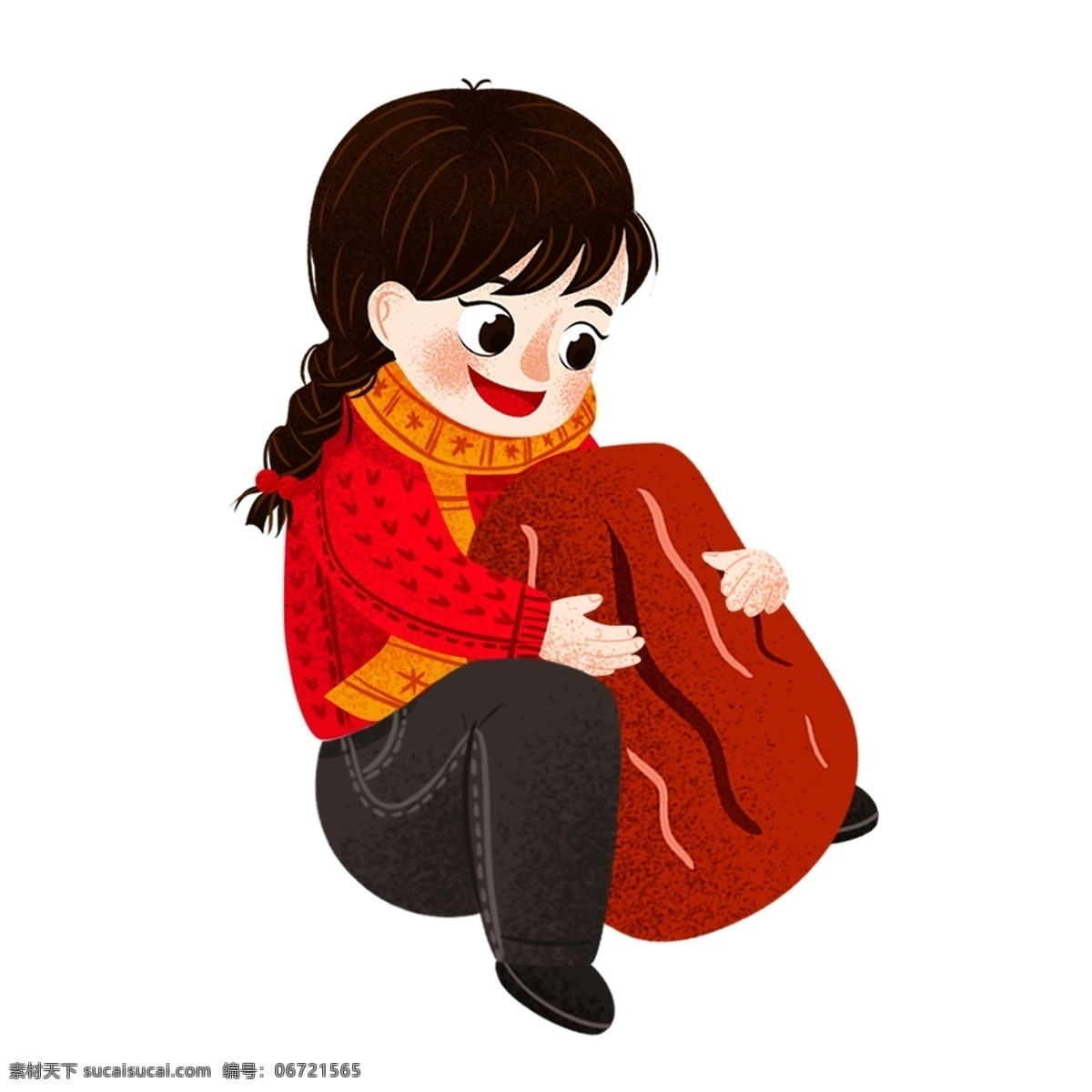 抱 书包 女孩 元素 人物 喜庆 冬季 简约 背包 设计元素 手绘 装饰图案 创意元素 手绘元素 psd元素