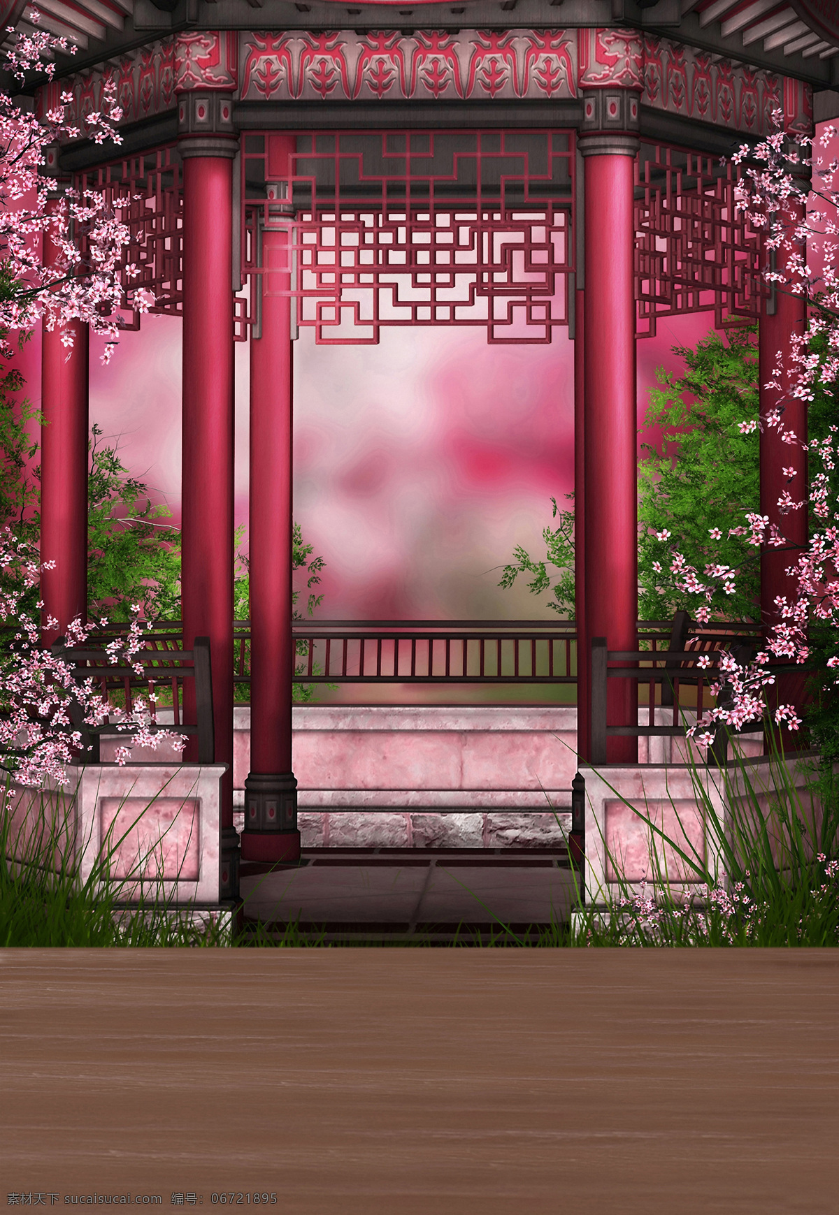 影楼背景模板 中国风 亭子 桃花 樱花 背景 古亭 青草