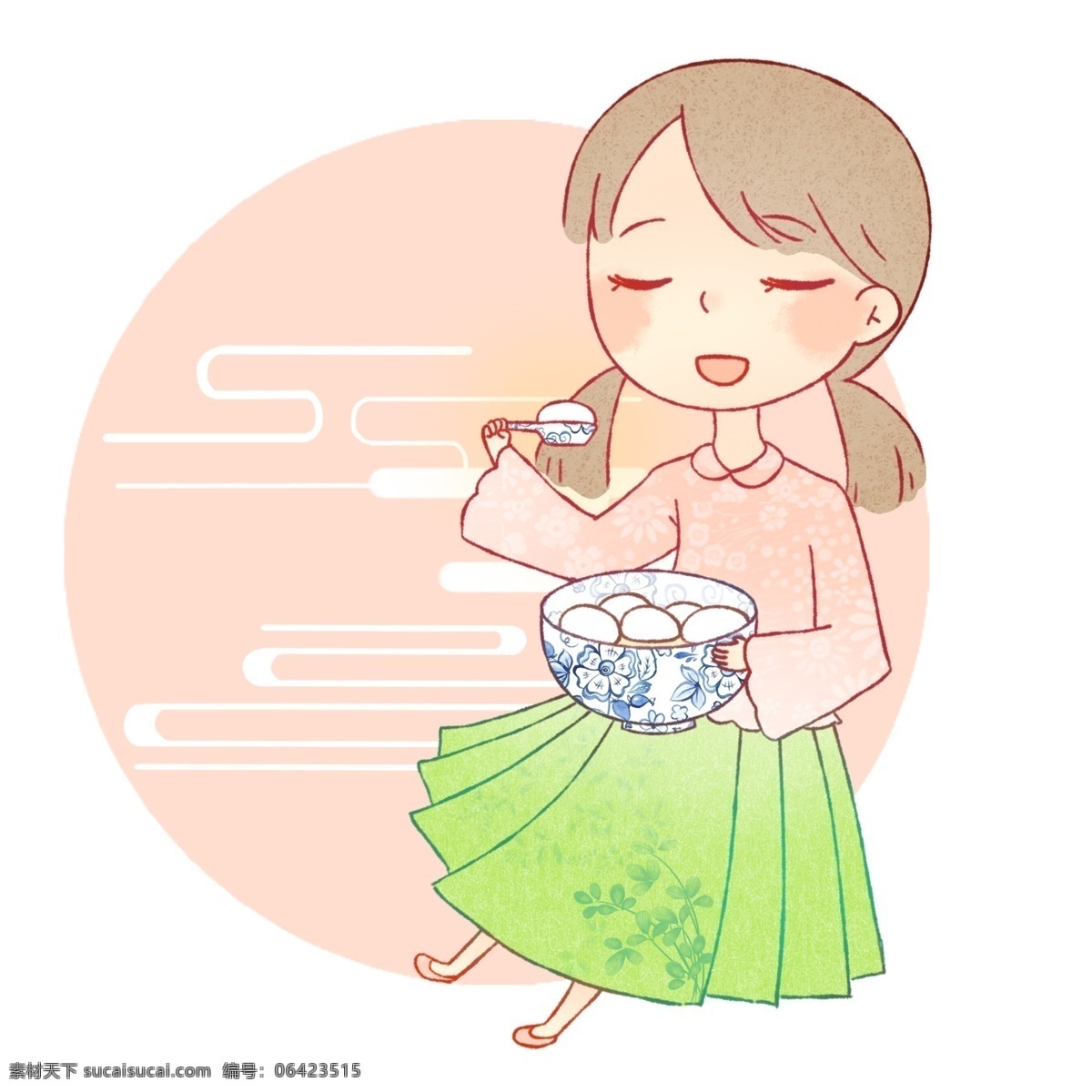 吃 元宵 小女孩 插画 漂亮的小女孩 吃元宵的女孩 白色的汤圆 黄色的筷子 蓝色的瓷碗 卡通人物