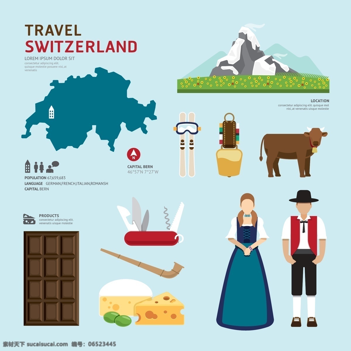 旅游文化 瑞士 文化 扁平化 地标 滑雪 奶酪 巧克力 雪山 帐篷 矢量图 矢量人物