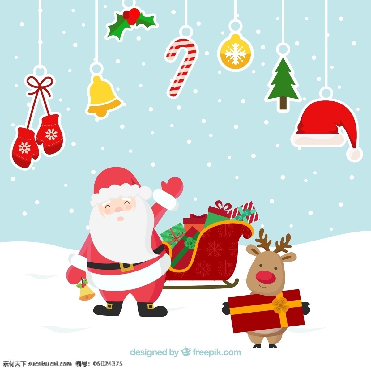 圣诞快乐 圣诞元素 麋鹿 雪橇车 圣诞爷爷 礼物 喜庆 红色 绿色 圣诞帽子 圣诞手套 圣诞铃铛