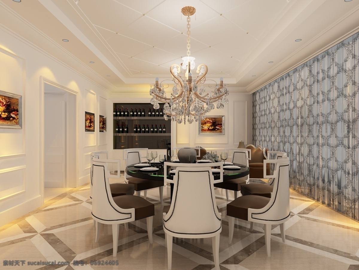 欧式 餐厅 效果图 白色 水晶灯 地砖拼花 护墙板设计 设计酒柜 3d作品 3d设计