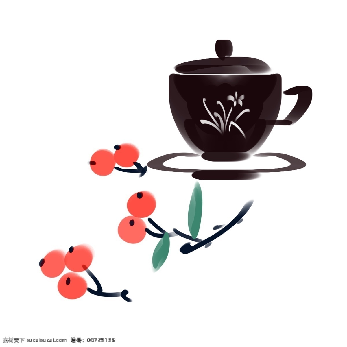 黑色 茶壶 水墨 风 插画 红色果实 黑色茶壶 白色装饰 复古擦护 中国风 日用品 传统插画 背景设计 漂亮的装饰