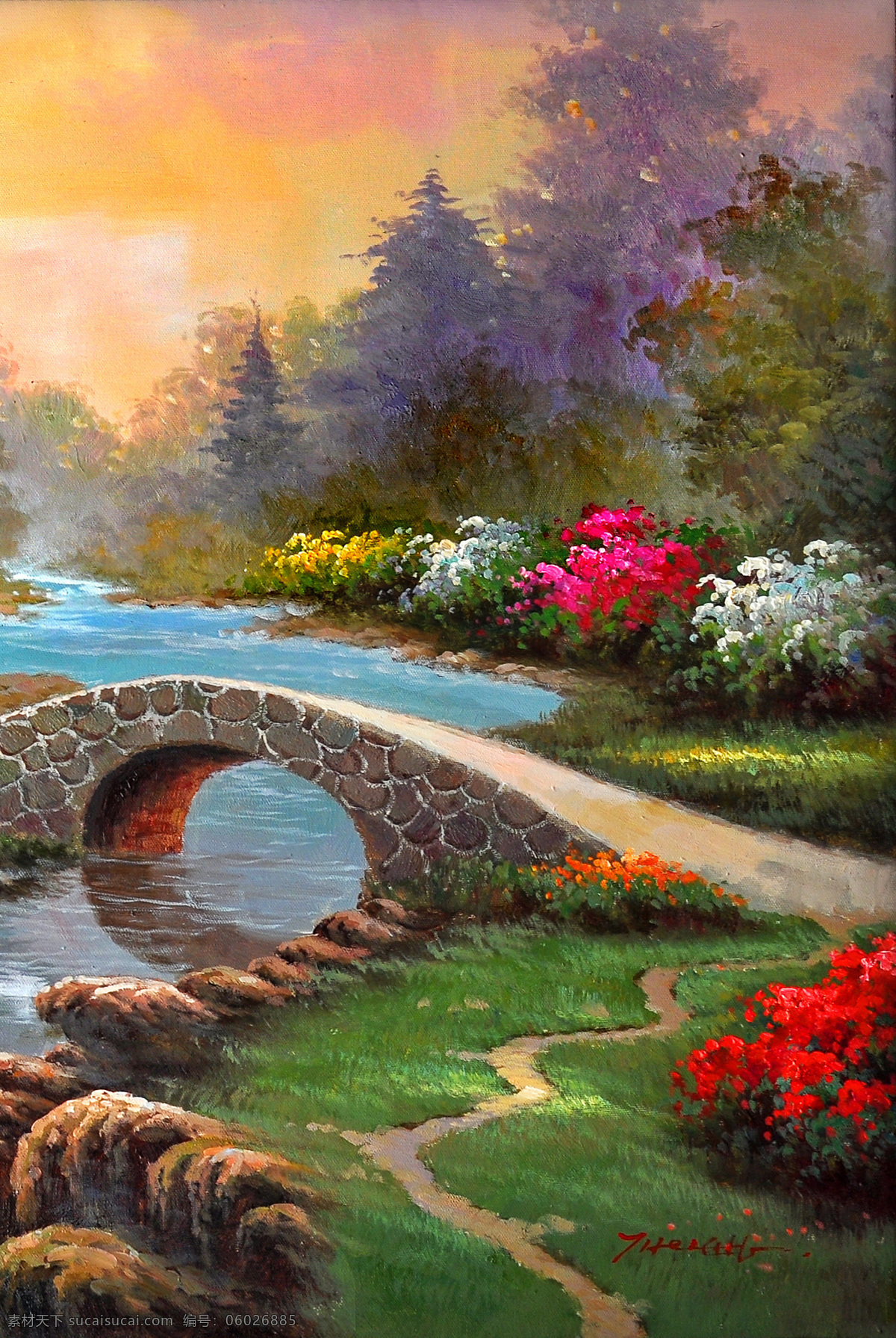 石桥 流水 小路 风景 装饰画 清澈 花丛锦簇