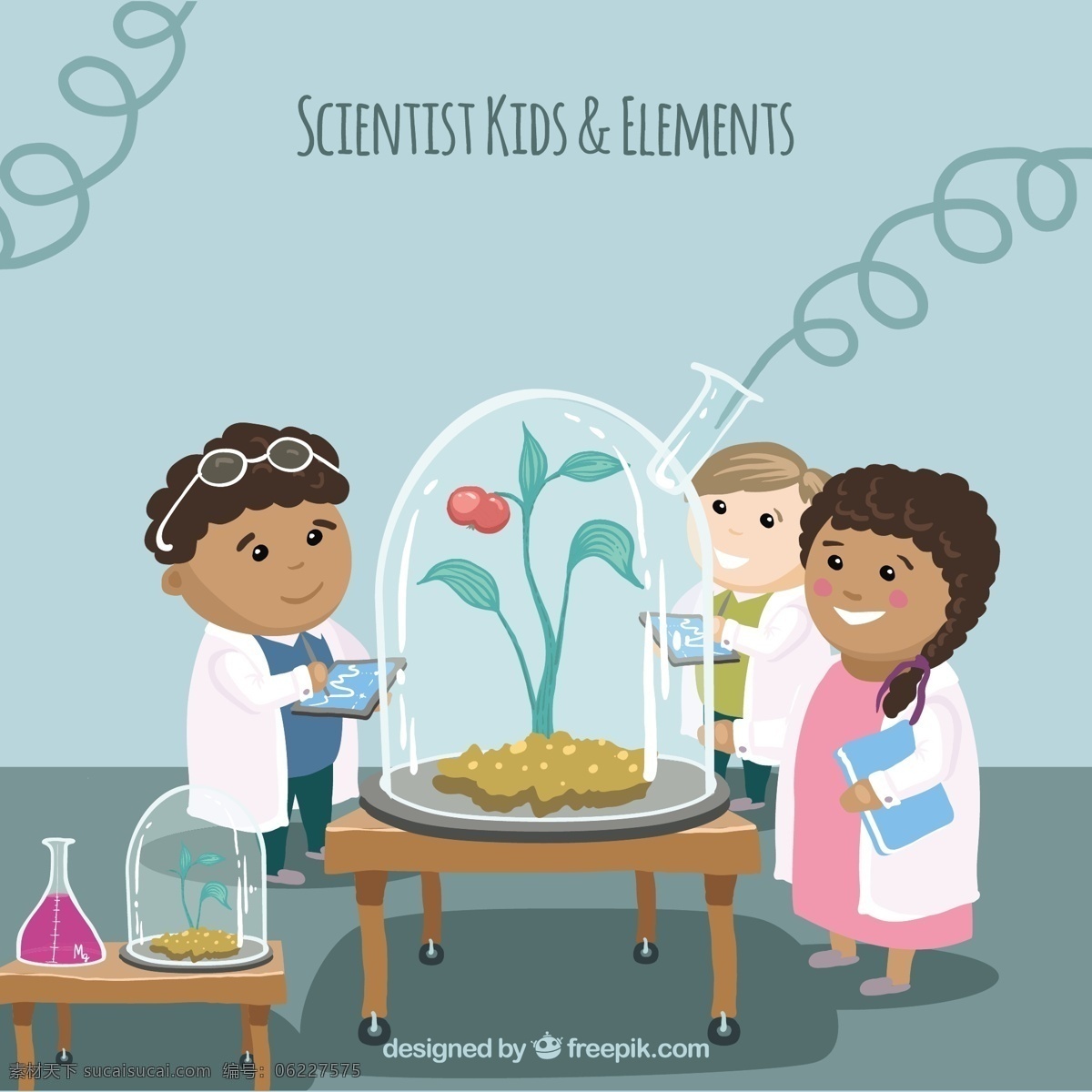 科学家 儿童 检查 实验 卡通 科学 植物 化学 实验室 番茄 原子 测试 分子 成长 试管 青色 天蓝色