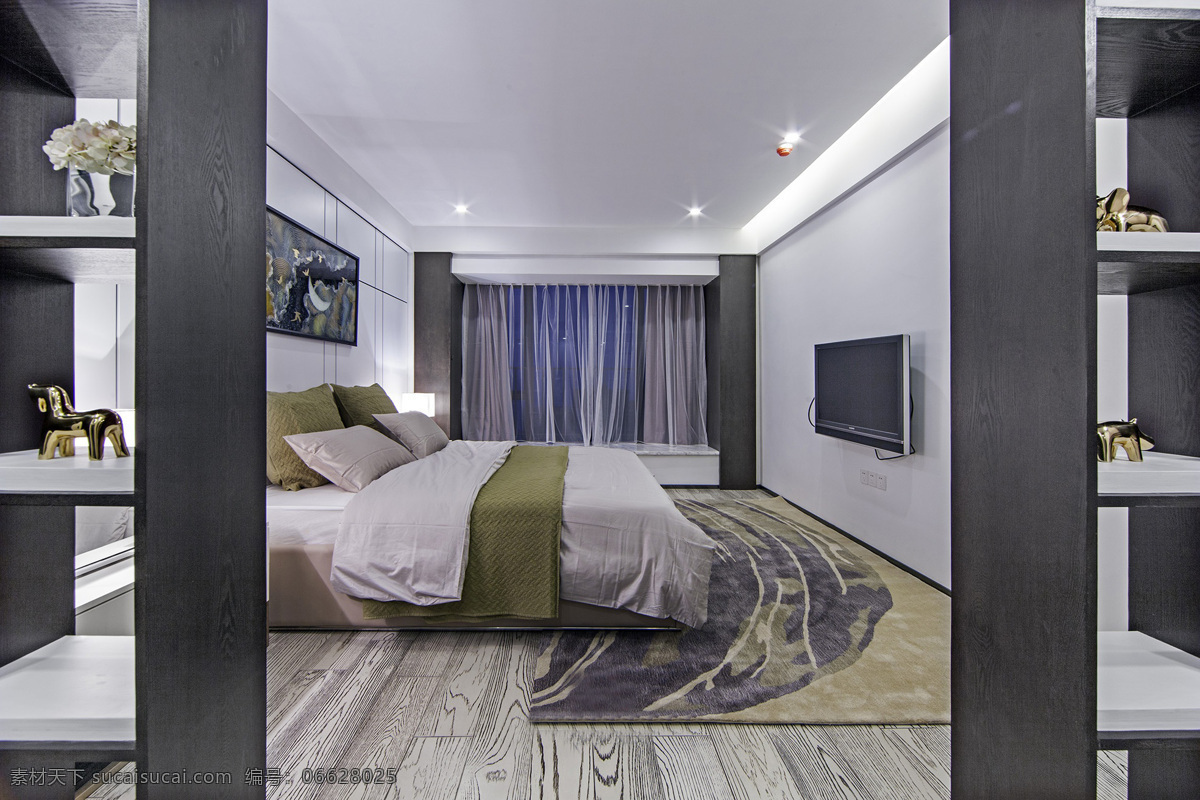 现代 清冷 风 灰色 背景 墙 卧室 室内装修 效果图 卧室装修 灰色北极圈 条纹地板 土绿色地毯