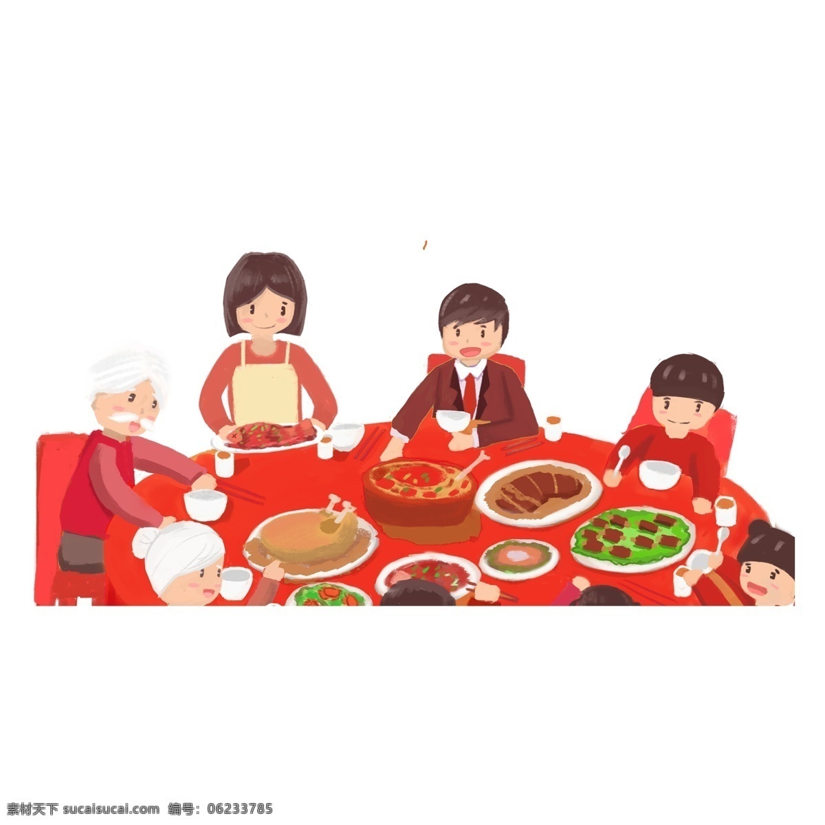 红色 过年 全家人 吃饭 元素 商用 团聚 团圆 透明素材 人物 吃年夜饭 新年 png元素 免抠元素