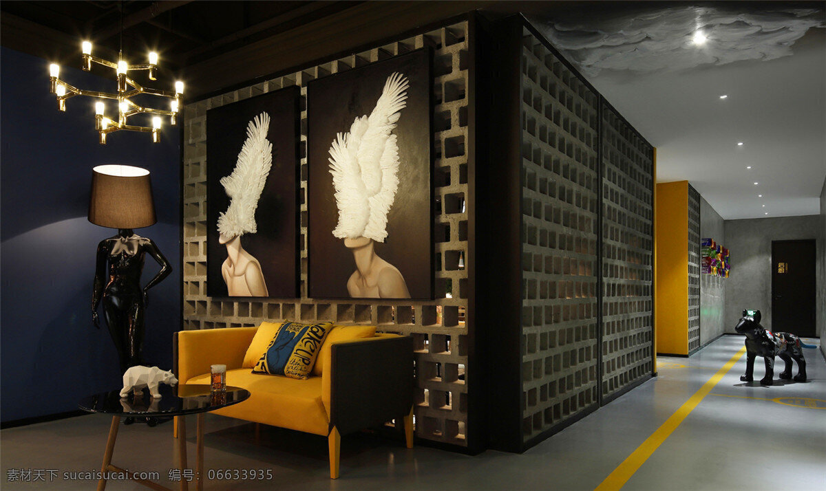 房间设计 个性吊灯 黑色壁画 黑色墙面 黄色沙发 简约 室内装潢 现代 展示效果图 装潢效果图 创意设计 客厅 效果图 家具 搭配