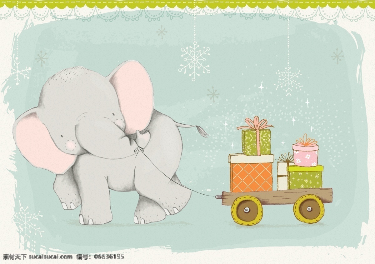 手绘 卡通 版 大象 拉车 源文件 可爱 动物 礼物 绿色 装饰图案
