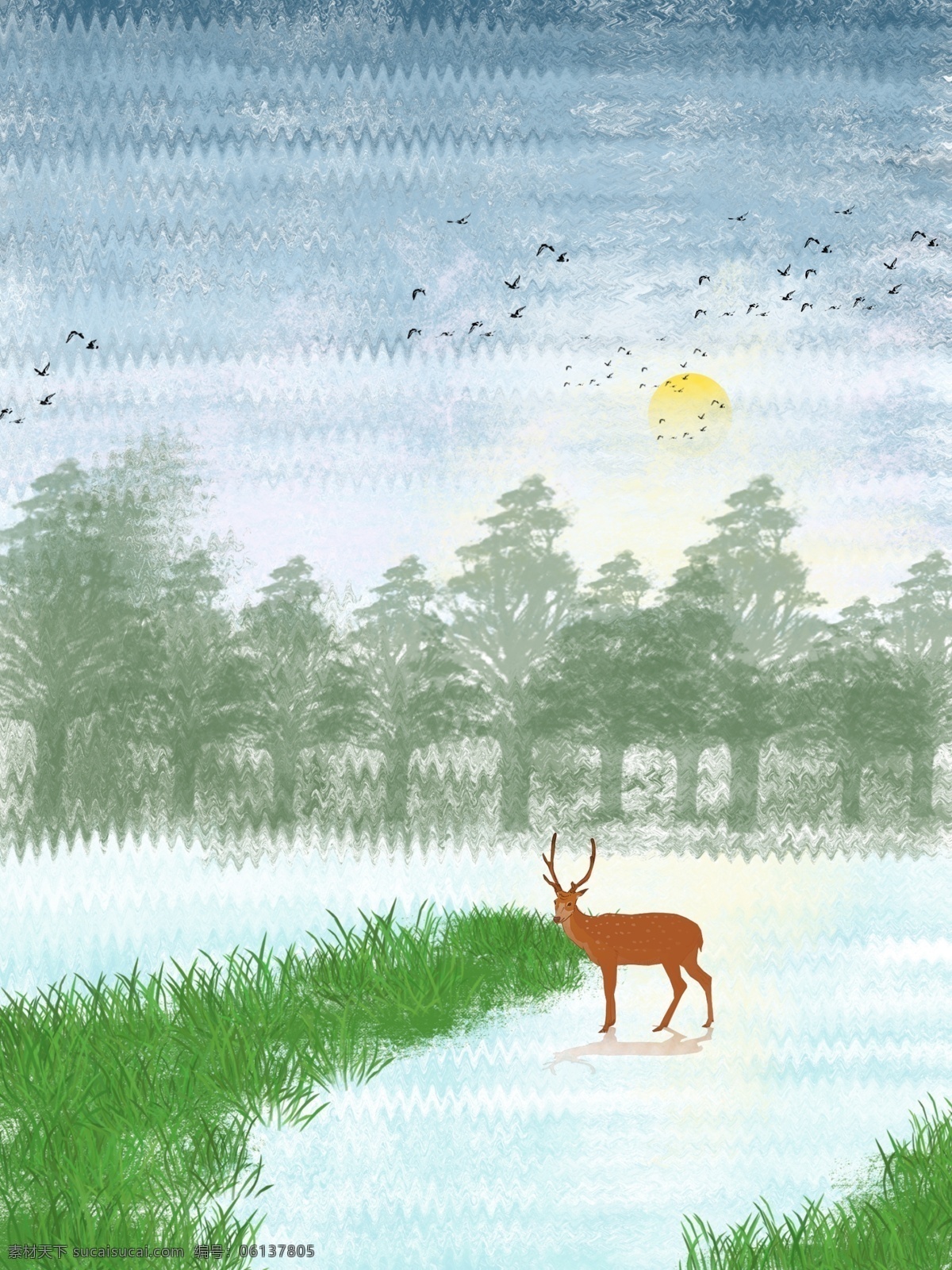 北欧 冷色 森林 麋鹿 小溪 装饰画 北欧风格 冷色系 一联画 客厅装饰画
