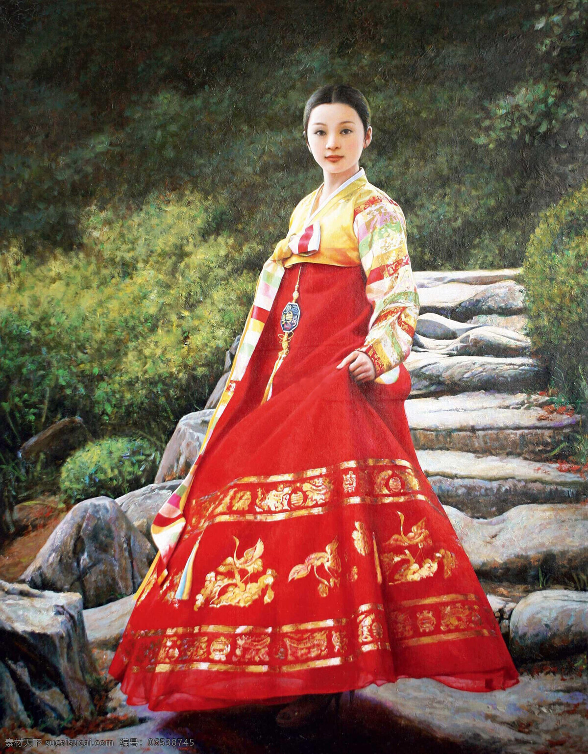 北方有佳人 美女 年轻女子 女人 山路 石级 红裙 长裙 朝鲜 朝鲜画 油画 朝鲜油画 布面油画 人物画 绘画书法 文化艺术