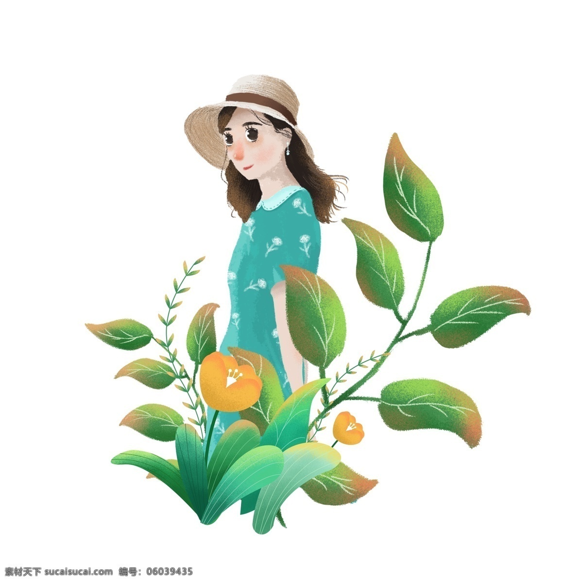 手绘 春天 花丛 中 戴 草帽 绿 裙 女孩 人物 元素 手绘女孩 人物元素 手绘鲜花 手绘植物 手绘绿叶 春天元素