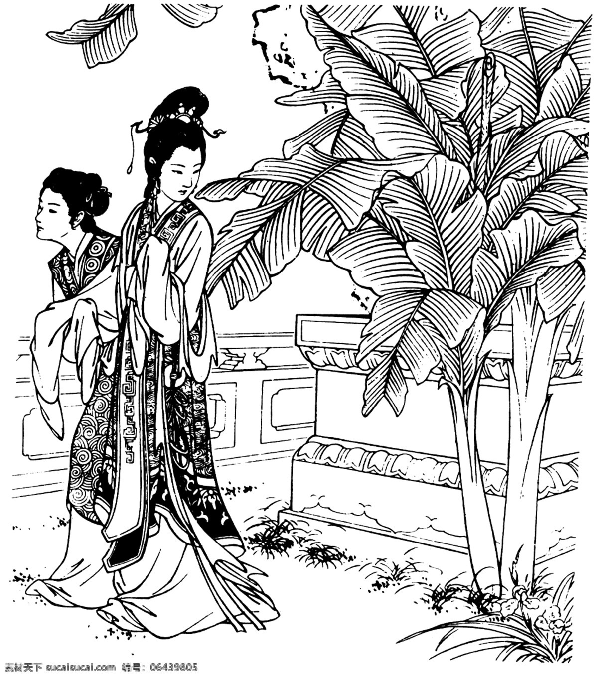 黛玉游园 古代人物 传统人物图片 中国传统 妇女 女性 仕女图 矢量图 美女图像 园林 香蕉 林黛玉 红楼梦 插图 女性妇女 人物图库