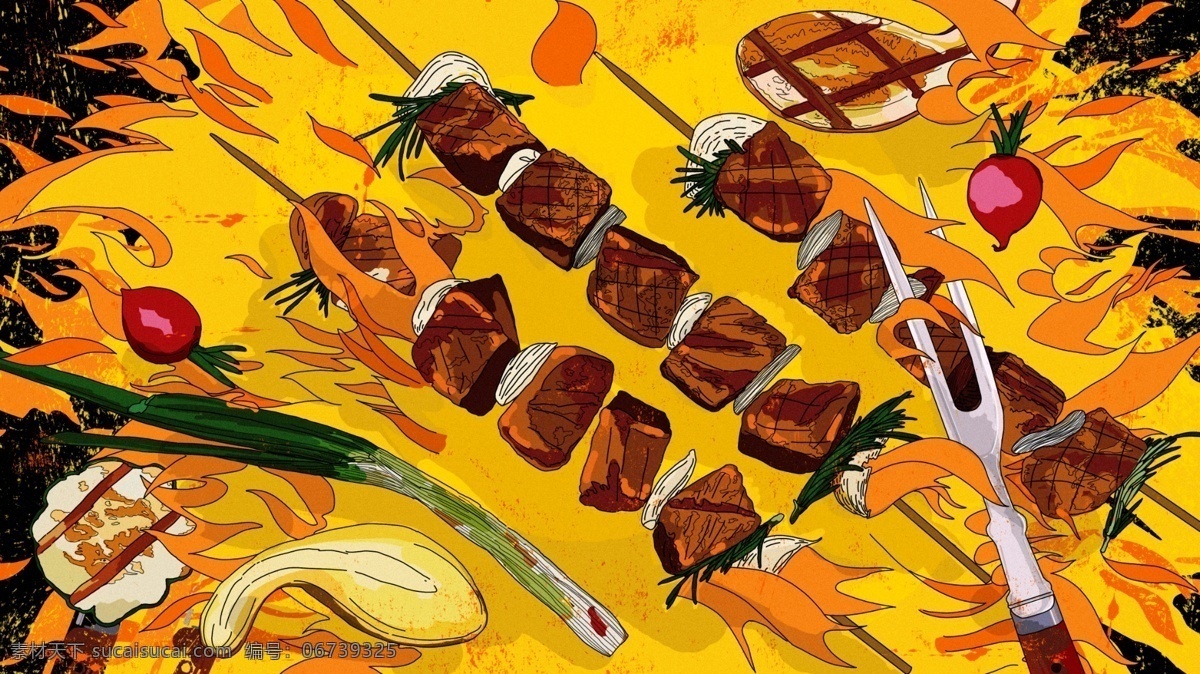 原创 美味 烧烤 烤串 蔬菜 美食 手绘 插画 烤肉