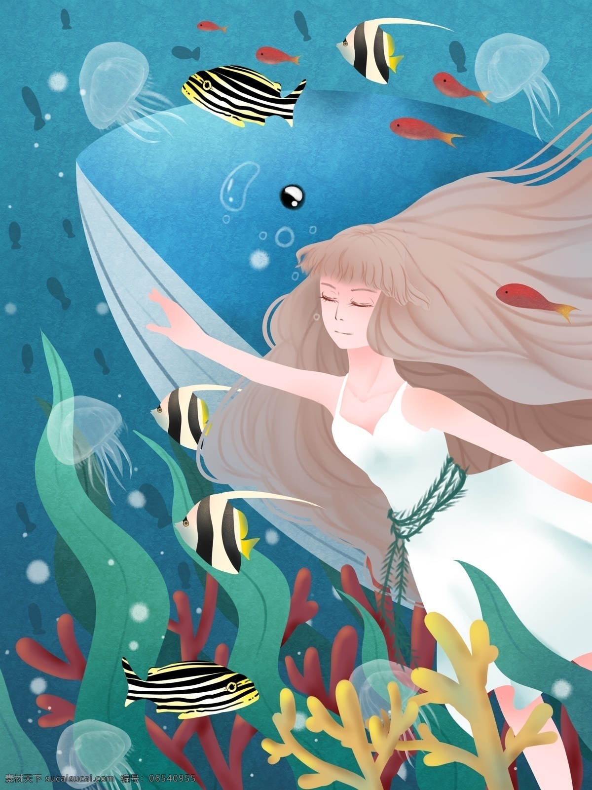 海洋 小 清新 鲸鱼 少女 插画 小清新 鱼群 珊瑚 水母 人物
