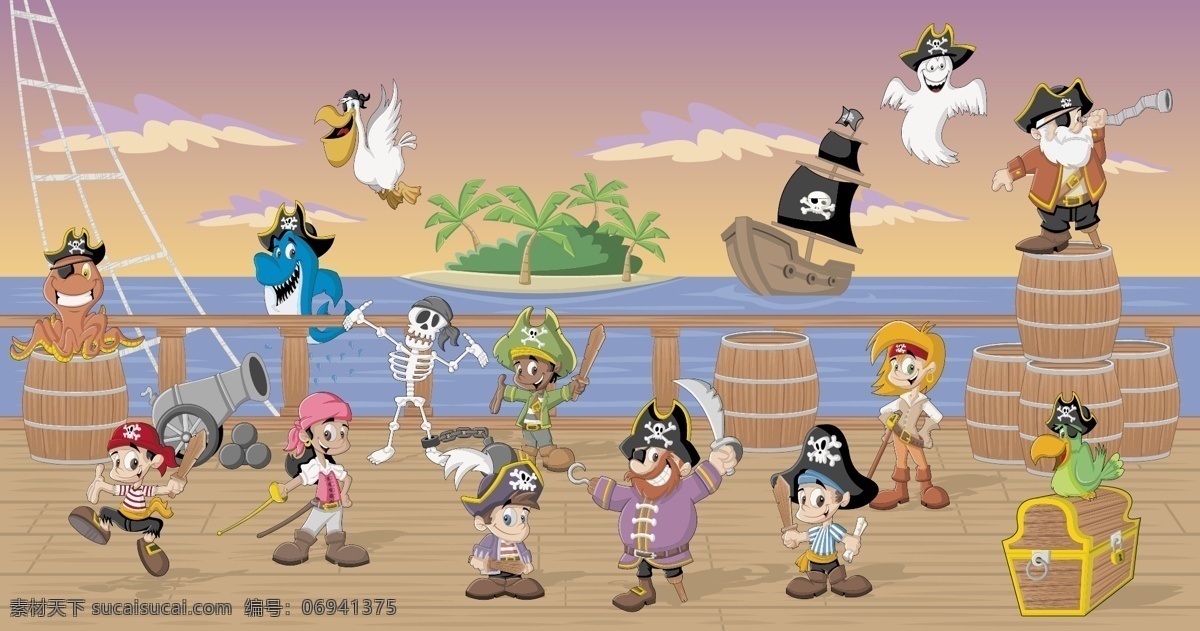 精美 海盗 卡通 人物 矢量 椰子树 女海盗 男人头像 卡通海盗 头像 漫画 形象 日常 生活 棕色
