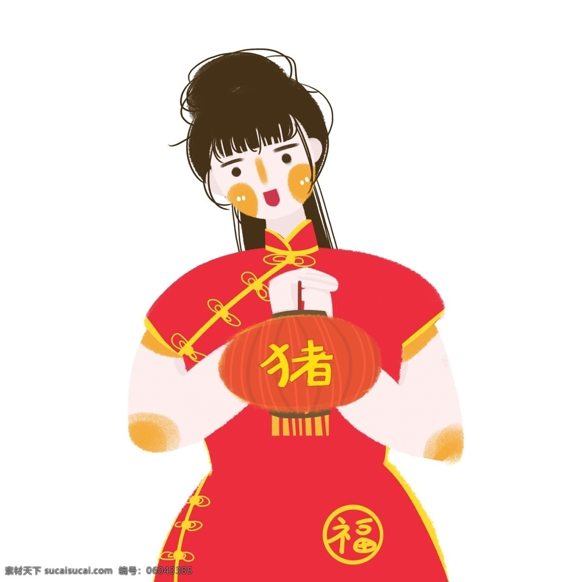 手绘 可爱 女孩 穿着 红色 旗袍 拜年 原创 元素 春节素材 设计元素 猪年 中国特色 原创元素