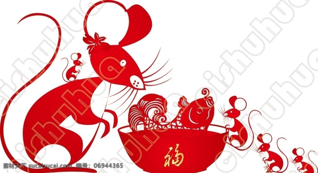 老鼠吃鱼 老鼠 鲤鱼 剪纸 漫画 可爱 春节 大碗 矢量 其他生物 生物世界