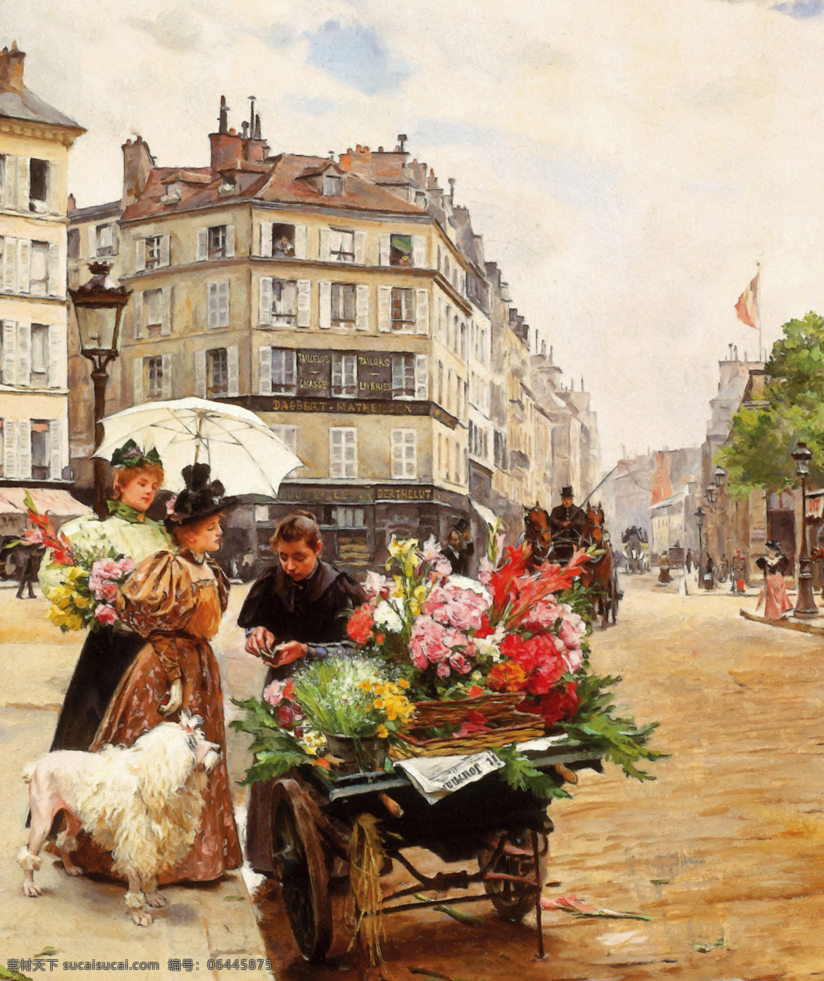 油画街头 油画 女人 街头 卖花女人 盛装妇人 贵妇人 狗 打洋伞的妇人 绘画书法 文化艺术