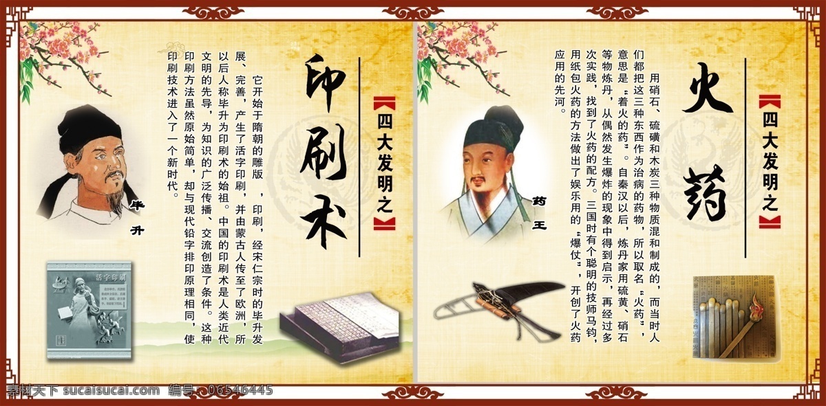 四大发明 印刷术 火药 校园文化 古典背景 古代文化 中国文化 传统文化 展板模板