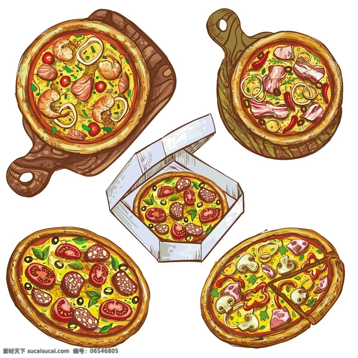 集 矢量 插图 整个 比萨 切片 木板 上 比萨饼 交付 一个 盒子 里 背景 图案 食物 古董 菜单 木材 图标 手 餐厅 手绘 颜色 交货 标志 板 木材背景 烹饪