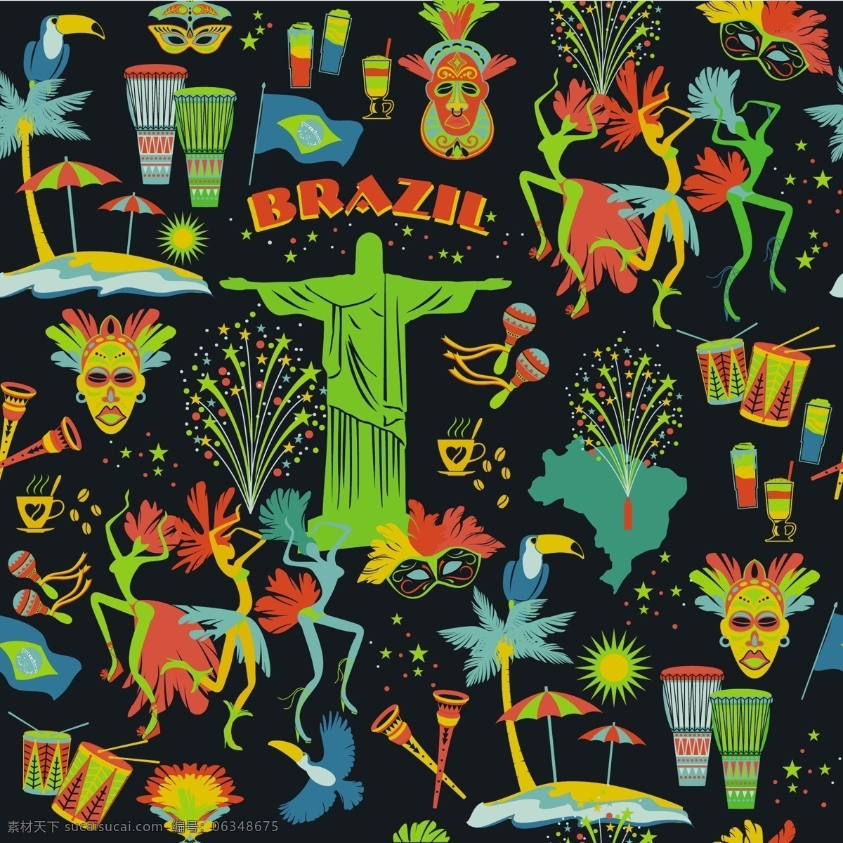 巴西元素素材 巴西元素 巴西背景 巴西 鼓 太阳 舞蹈 表演 耶稣 椰子树 面具 黑色