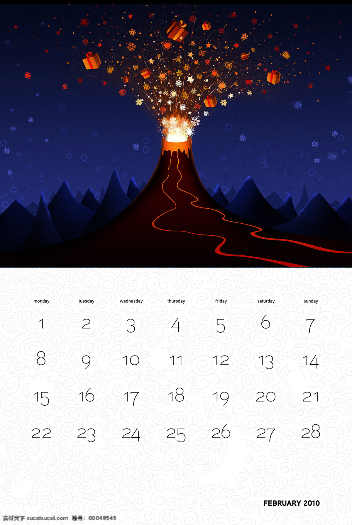 2010年 2月 爆发 插画 挂历 画册设计 火山 圣诞日历 圣诞节 日历 台历 星期 手绘 卡通 礼物 插画集