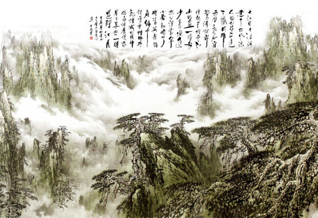 中国画 山水风景 鲜花 草地 瀑布风景 装饰画 无框画 画芯 壁画 背景墙 书画文字 文化艺术 山水画