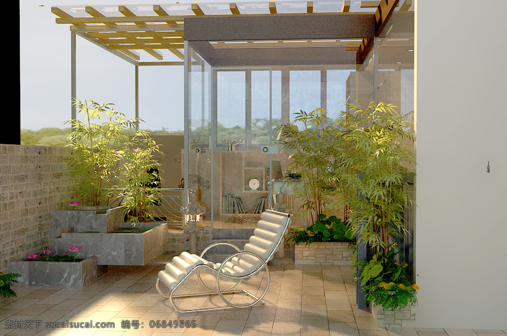 现代 自然 风格 阳台 大理石 椅子 绿植 盆栽 躺椅 木廊 阳光房