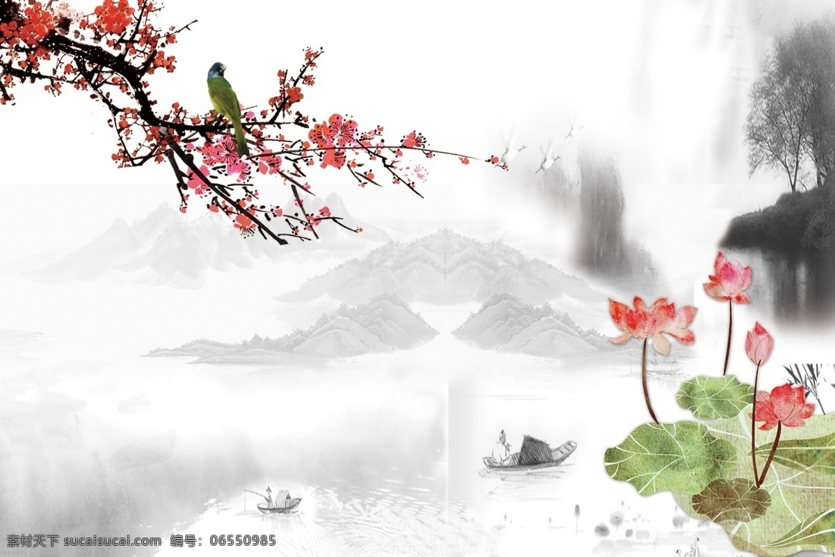 梅花 花鸟 中式 背景 山水 荷花 中国风 背景墙 背景墙设计 源文件