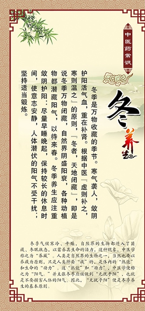 中医养生 养生 边框 干果 竹叶 云海 荷花纹路 展板模板