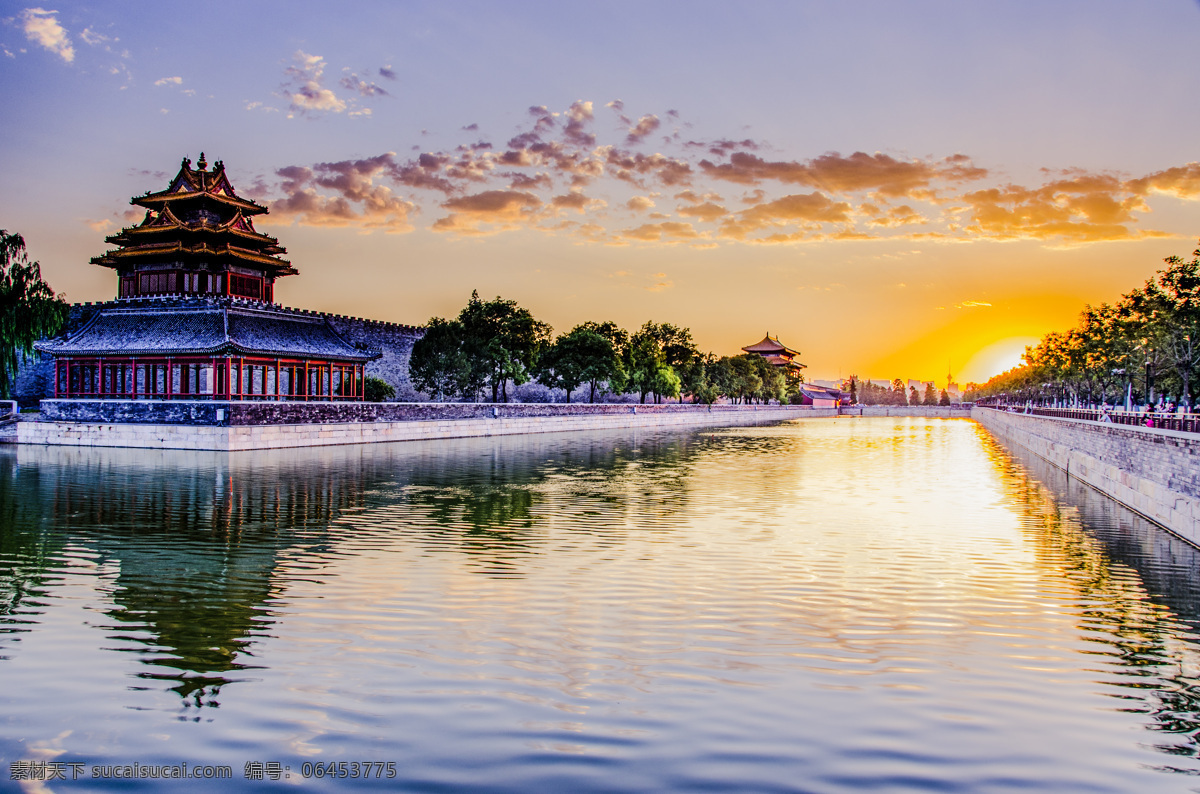 故宫角楼美景 角楼 故宫 护城河 古建筑 夕阳 晚霞 霞光 天空 云彩 建筑工程 园林景观 建筑园林 园林建筑