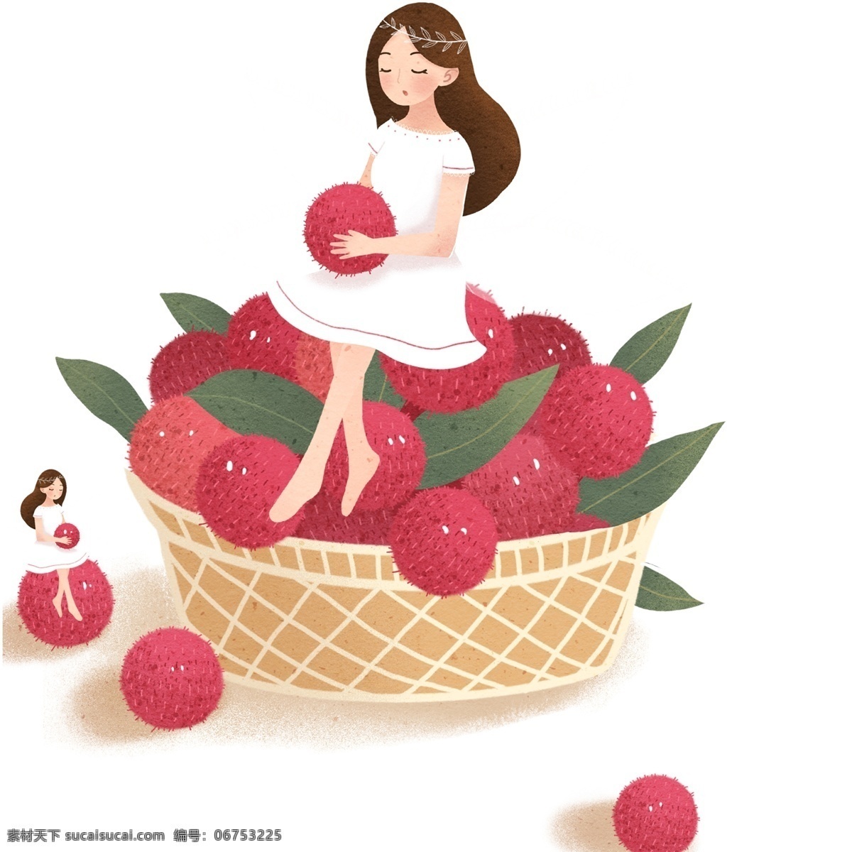 清新 创意 坐在 杨梅 上 精灵 女孩 插画 手绘 儿童 水果
