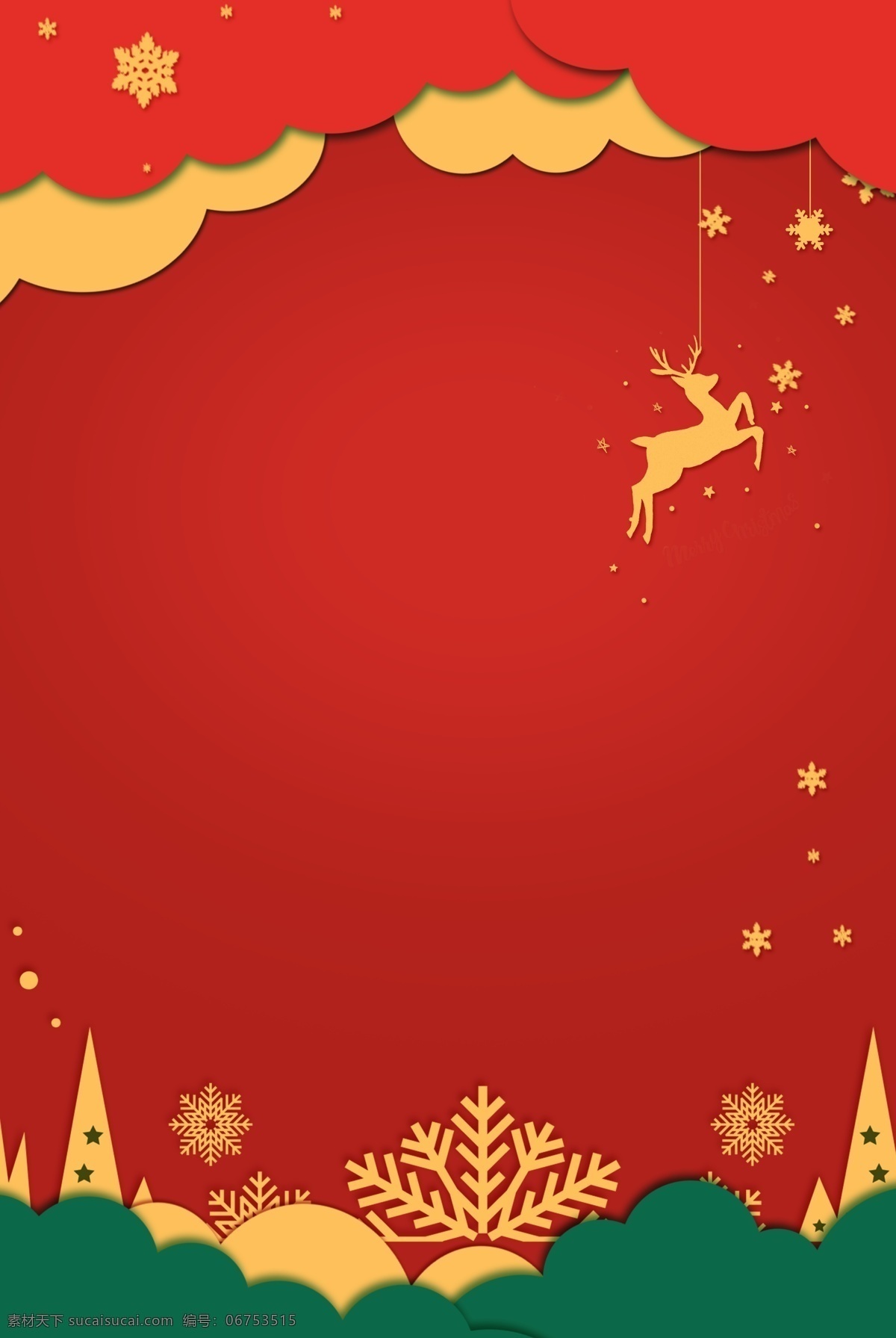 圣诞节 红 金色 剪纸 风格 红金色 简约 小鹿奔跑 雪花 扁平 卡通