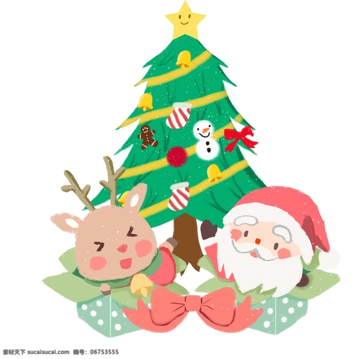 圣诞节 送礼 圣诞老人 卡通 手绘 圣诞 麋鹿 礼物 礼盒 雪 白雪 圣诞树 姜饼人 蝴蝶结 可爱 物 雪人