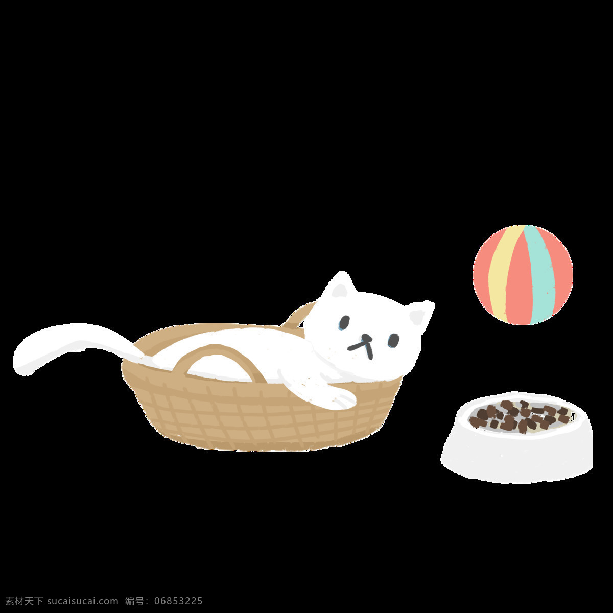 卡通 手绘 篮子 里 猫 商用 元素 小清新 猫咪 萌宠 插画 猫粮 竹篮子