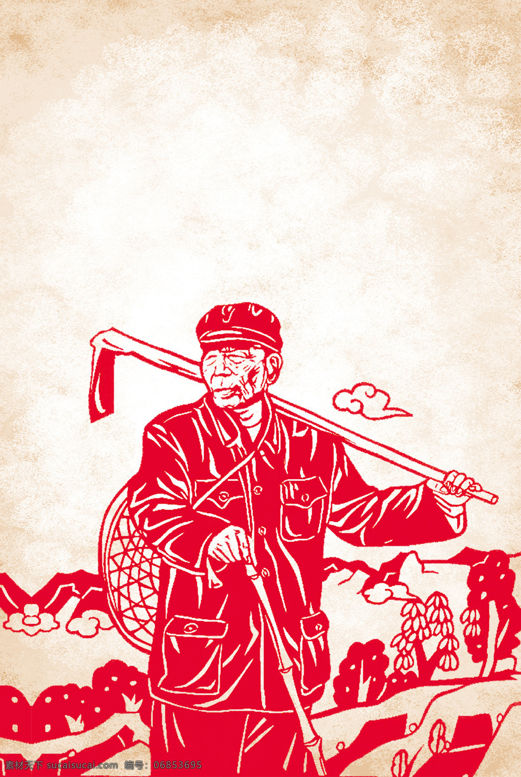 手绘 古典 劳动节 背景 五一 红色 素描 树木 农民 锄头 祛