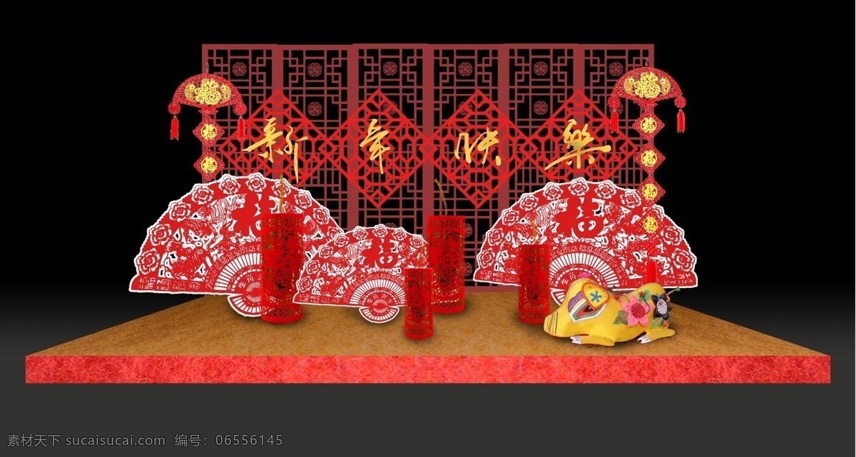 红色 古典 中式 迎新 年 主题 模型 剪纸艺术 小猪 鞭炮 折扇 福字 传统中式印花 新年挂件 民间布艺