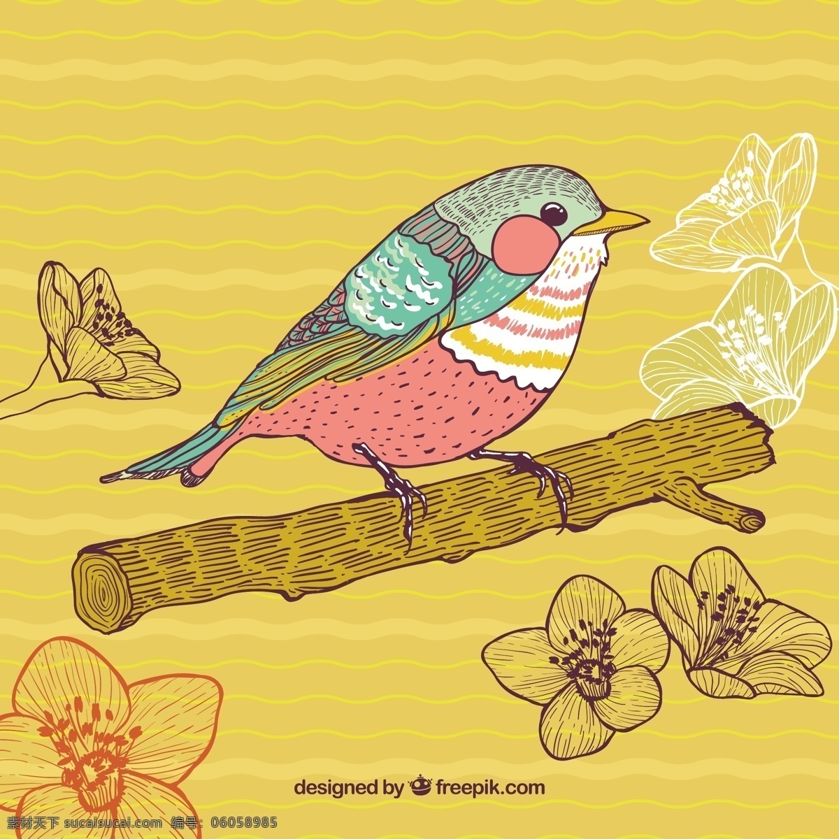 色彩鲜艳的鸟 花 鸟 动物 自然 丰富多彩的 粗略的 手画 着色 画 黄色