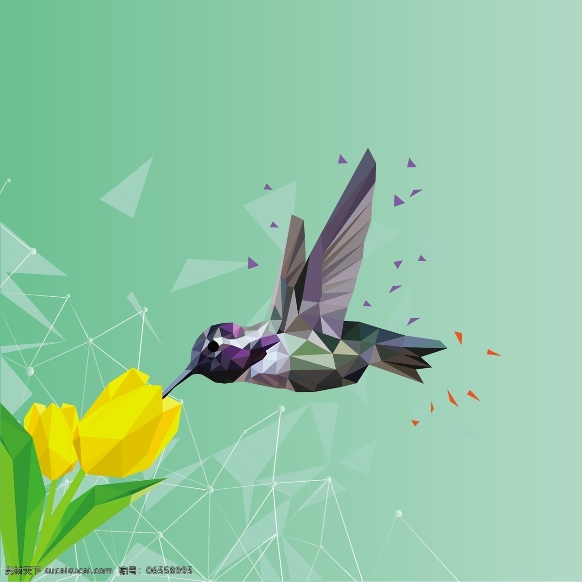 3d 几何图形 鸟 花 背景 图 广告背景 广告 背景素材 鲜花 郁金香 三角形 创意 绿色背景 漂亮 花卉 黄色花朵