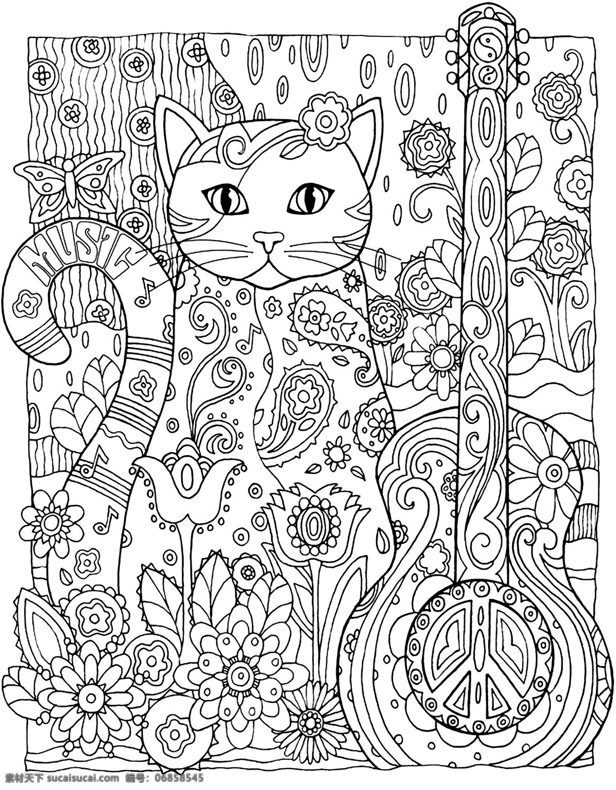 秘密花园 填色卡 猫与琵琶 简笔画 小学生 绘画 文化艺术 绘画书法