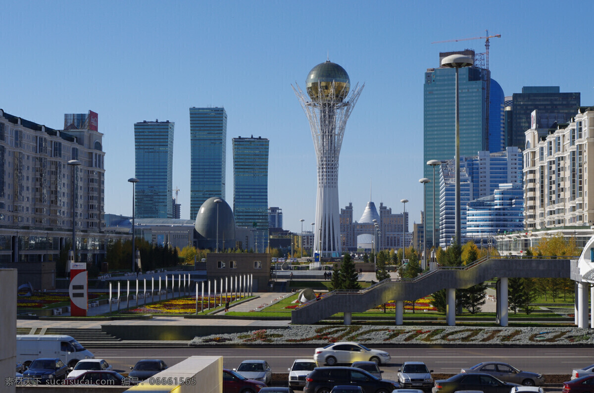 哈萨克斯坦 阿斯塔纳 市中心 街景 道路 车辆 观光塔 灯柱 高楼大厦 各种建筑 绿化 蓝天 城市景观 旅游风光摄影 畅游世界 旅游篇 国外旅游 旅游摄影